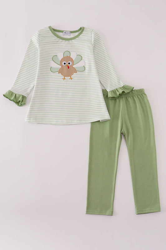 Girls Sage Turkey Appliqué Stripe Pants Set
