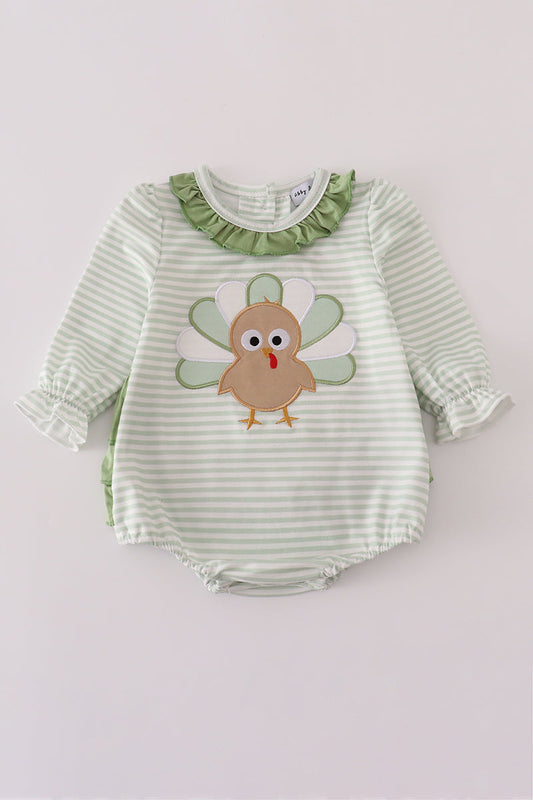Girls Sage Turkey Appliqué Striped Ruffle Bubble