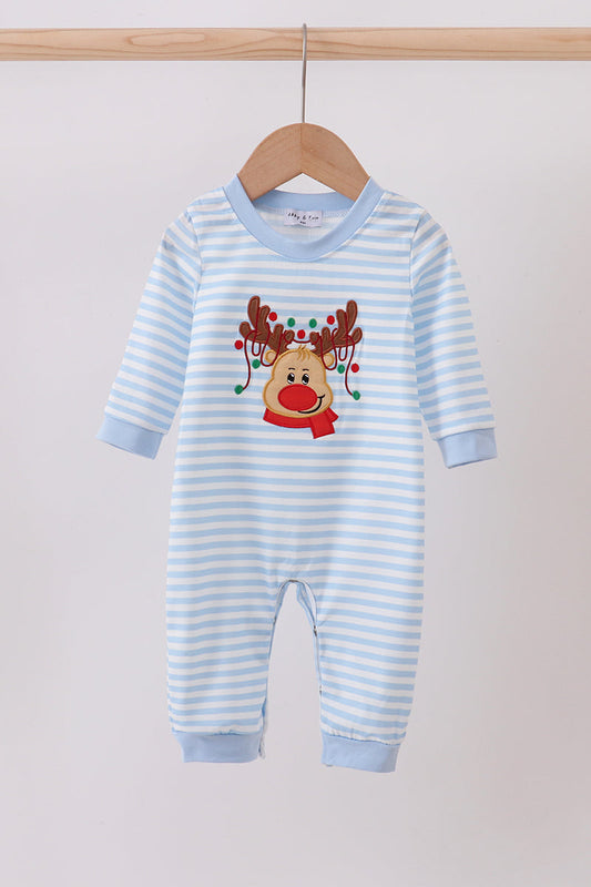 Boys Blue Stripe Reindeer Appliqué Romper