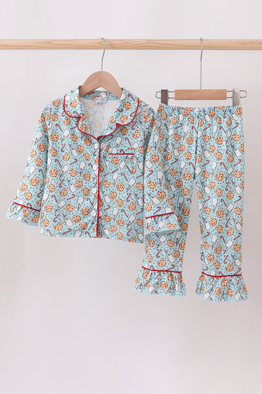 Girls Milk & Cookie Print Ruffle Pajama Set