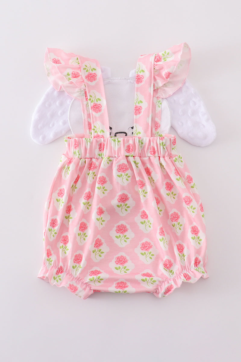 Girls Pink Floral Bunny Appliquéd Bubble