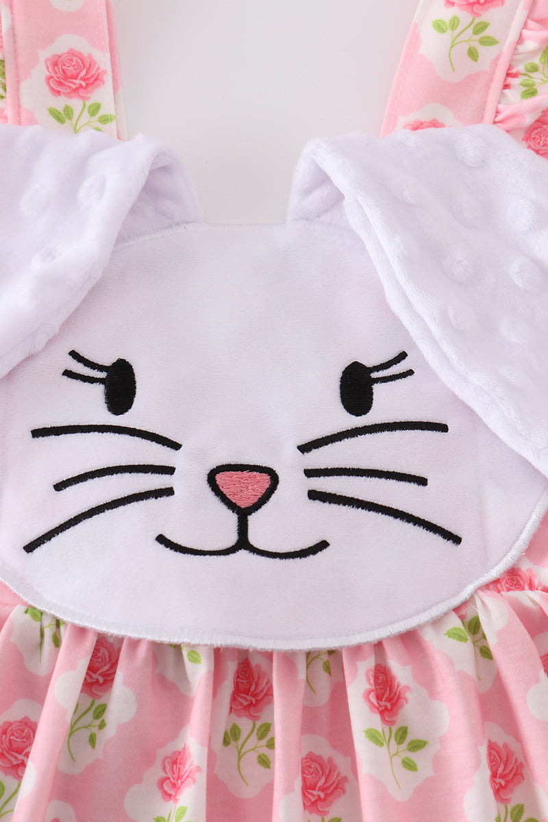 Girls Pink Floral Bunny Appliquéd Bubble