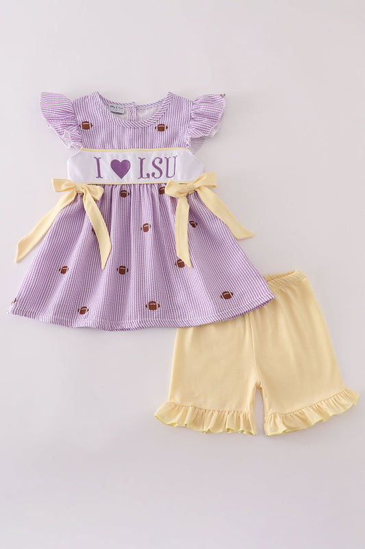 Girls Purple Seersucker "I Heart LSU" Set