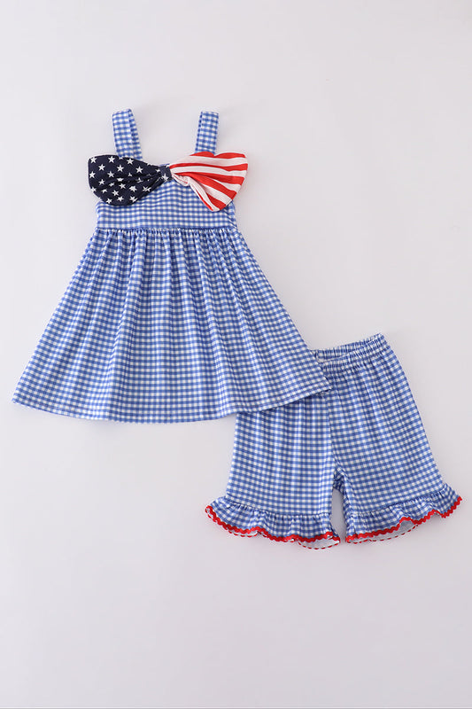 Girls Patriotic Flag Bow Gingham Set
