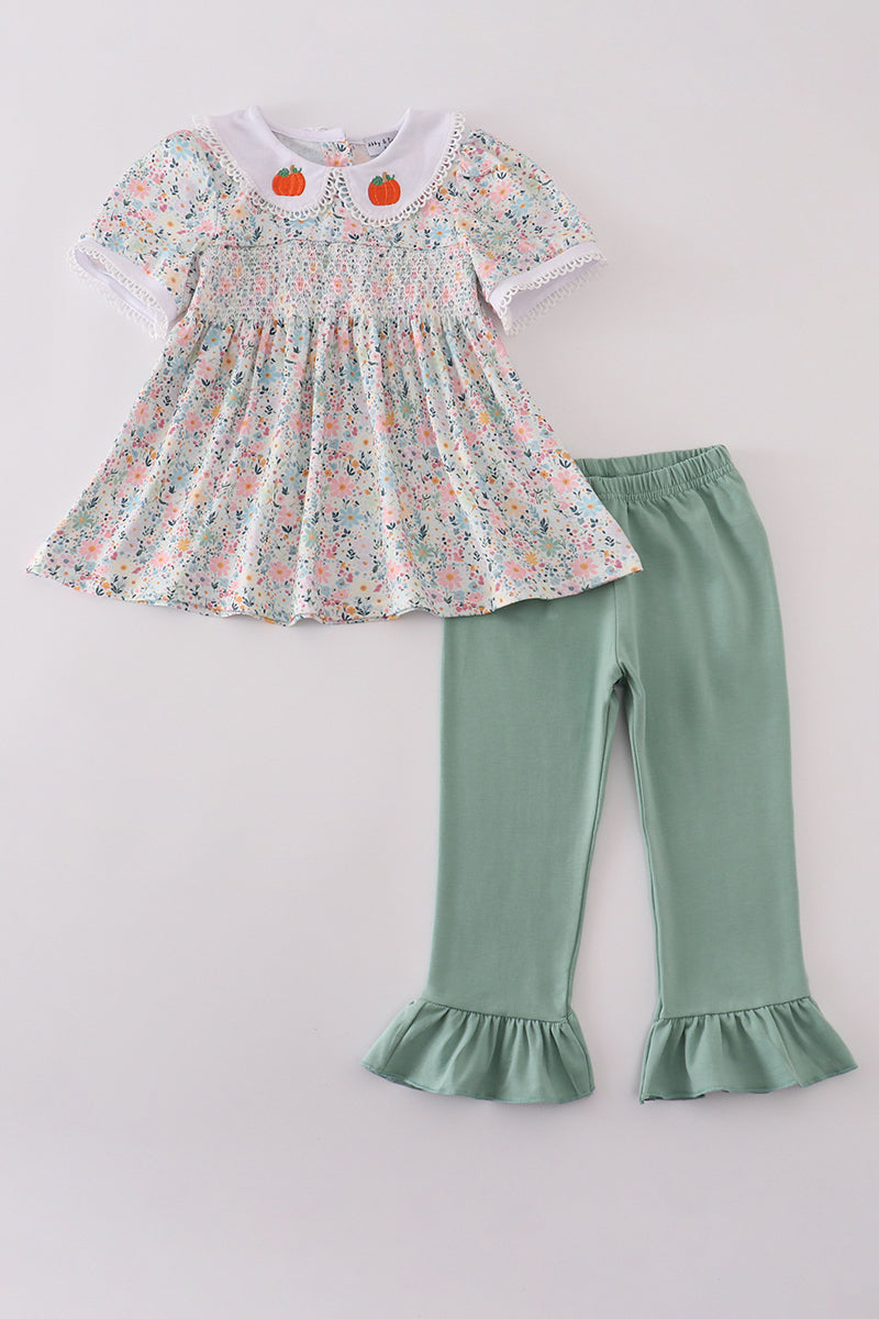 Girls Green Floral Pumpkin Embroidered Ruffle Pants Set