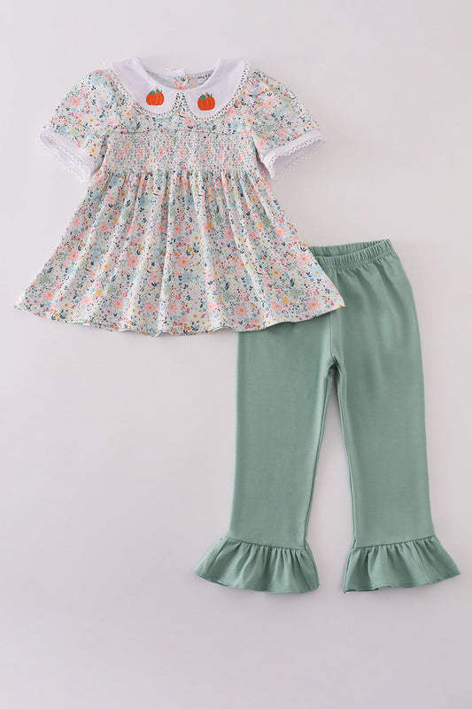 Girls Green Floral Pumpkin Embroidered Ruffle Pants Set