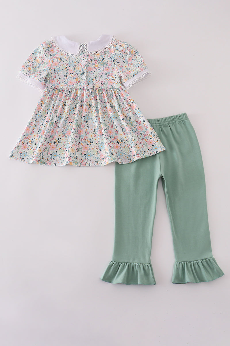 Girls Green Floral Pumpkin Embroidered Ruffle Pants Set