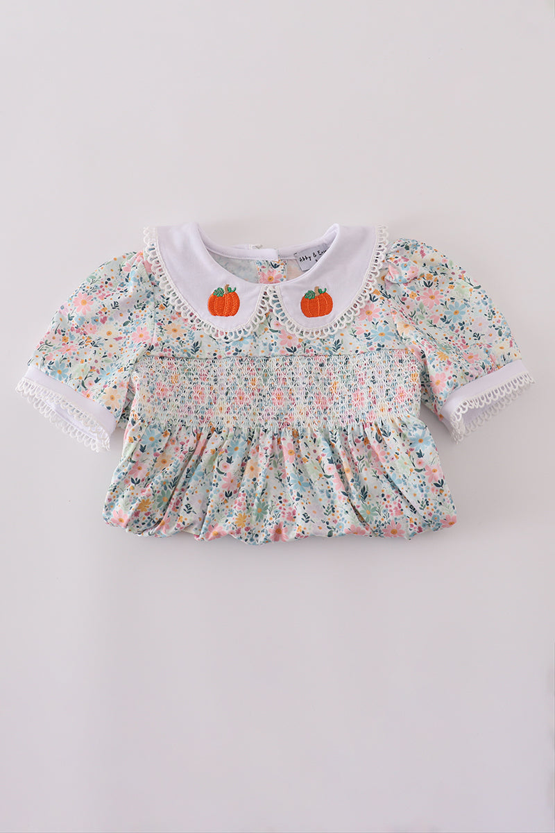 Girls Green Floral Pumpkin Embroidered Ruffle Pants Set