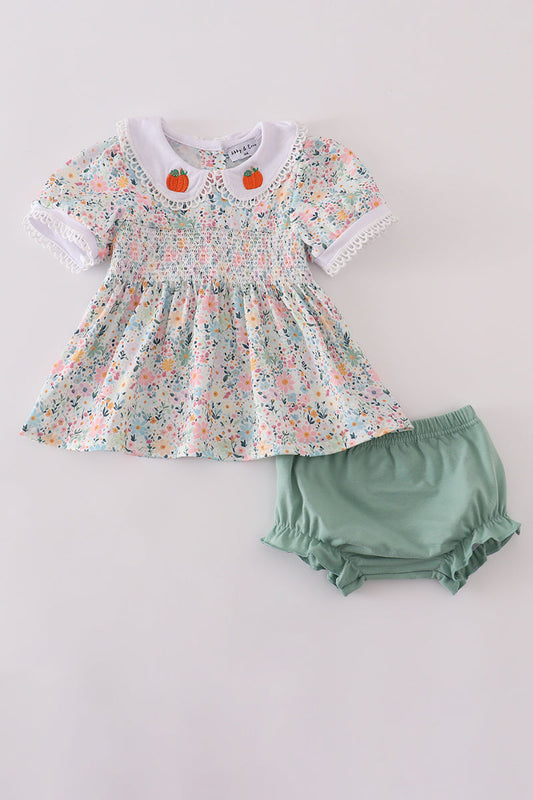 Girls Green Floral Pumpkin Embroidered Bloomer Set