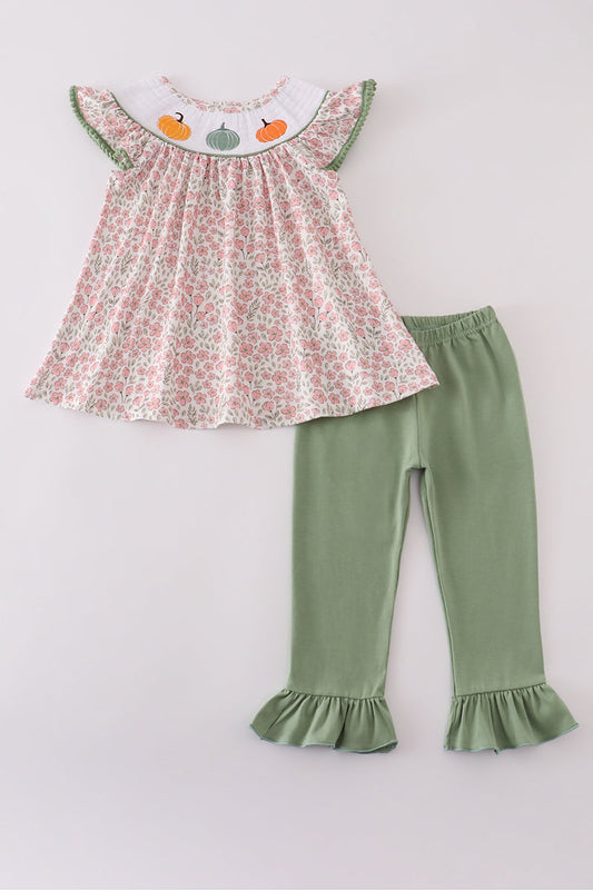 Girls Pink Floral Pumpkin Smocked Ruffle Pants Set