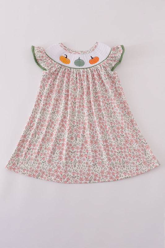 Girls Pink Pumpkin Smocked Floral Ruffle Pants Set