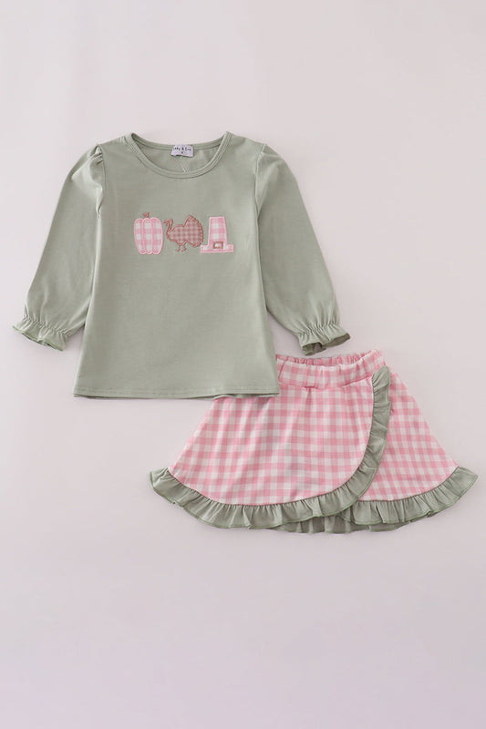 Girls Sage Pumpkin Turkey Appliqué Skorts Set