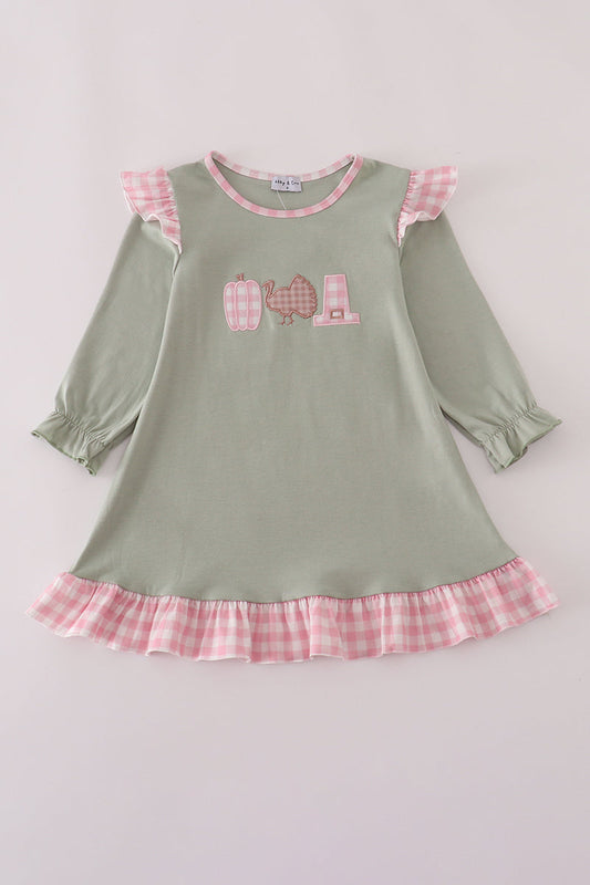 Girls Sage Pumpkin Turkey Appliqué Ruffle Dress