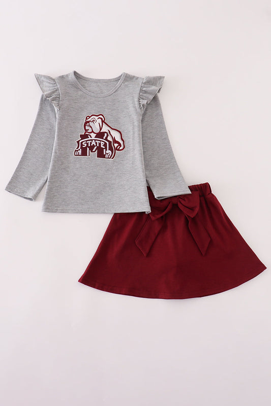 Girls Maroon Mississippi State Embroidered Bow Skorts Set