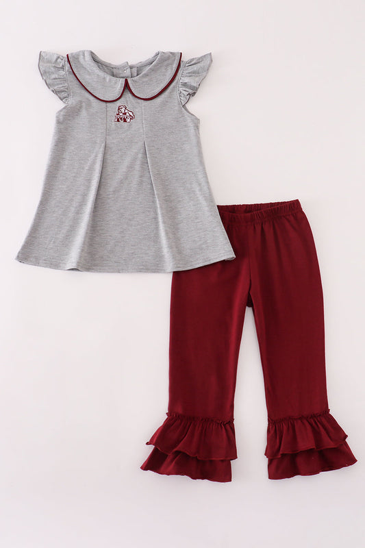 Girls Maroon Mississippi State Embroidered Ruffle Pants Set