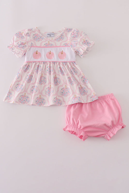 Girls Pink Pumpkin Embroidered Bloomer Set