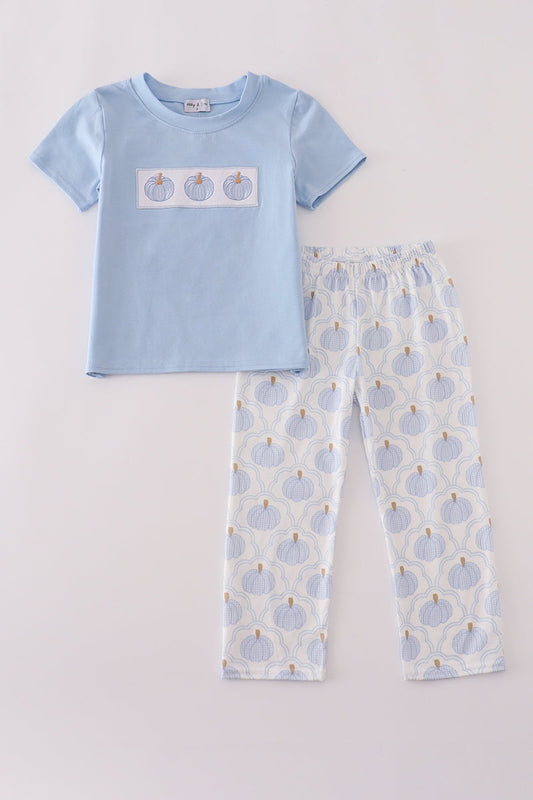 Boys Blue Pumpkin Embroidered Pants Set