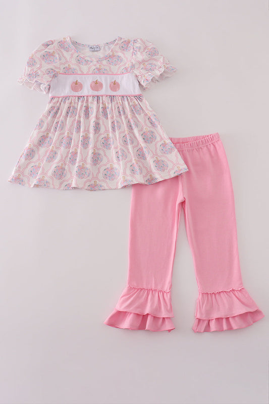 Girls Pink Pumpkin Embroidered Ruffle Pants Set