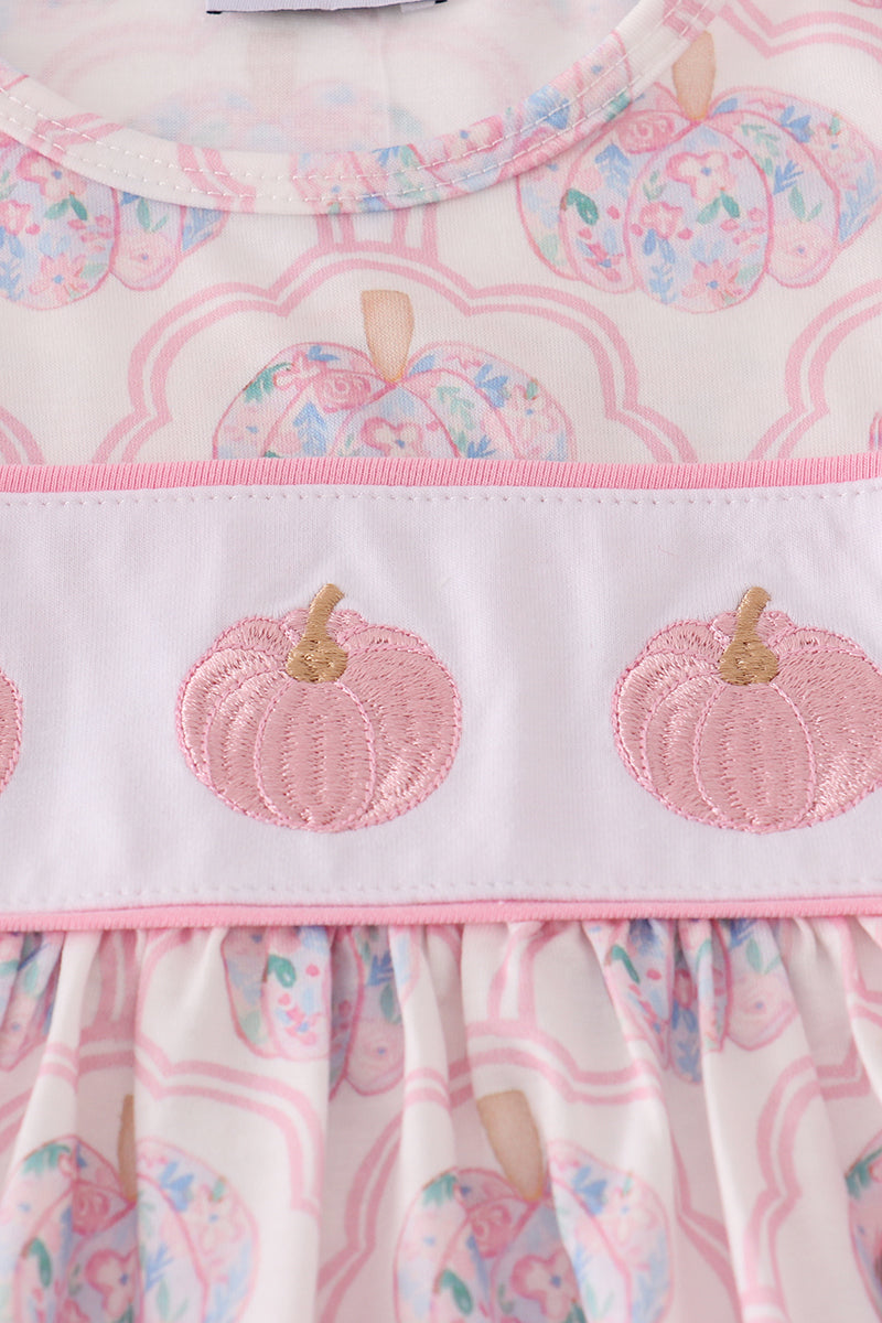 Girls Pink Pumpkin Embroidered Ruffle Pants Set