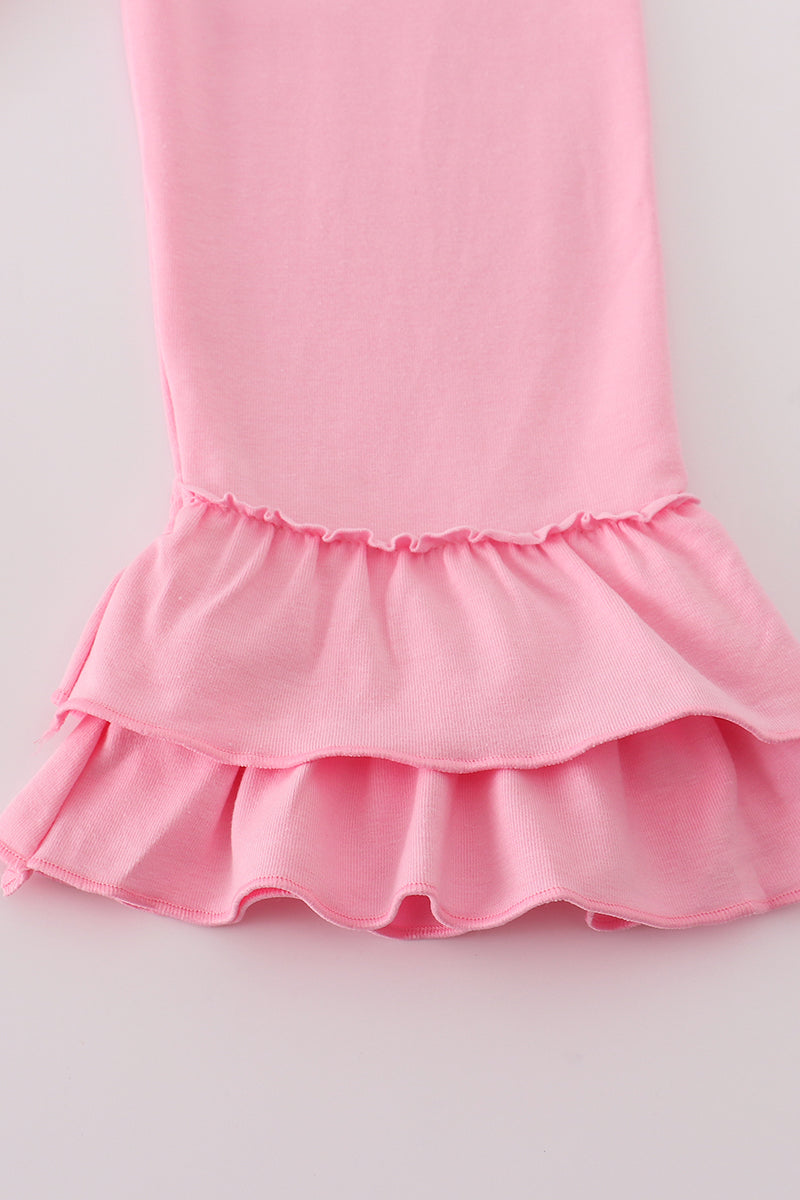 Girls Pink Pumpkin Embroidered Ruffle Pants Set