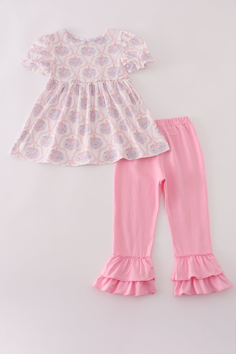Girls Pink Pumpkin Embroidered Ruffle Pants Set