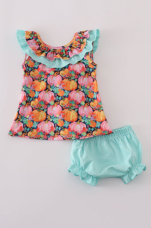 Girls Pumpkin Print Ruffle Bloomer Set