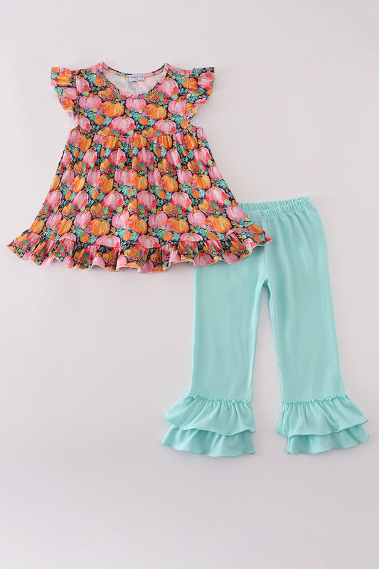 Girls Pink Pumpkin Print Ruffle Pants Set