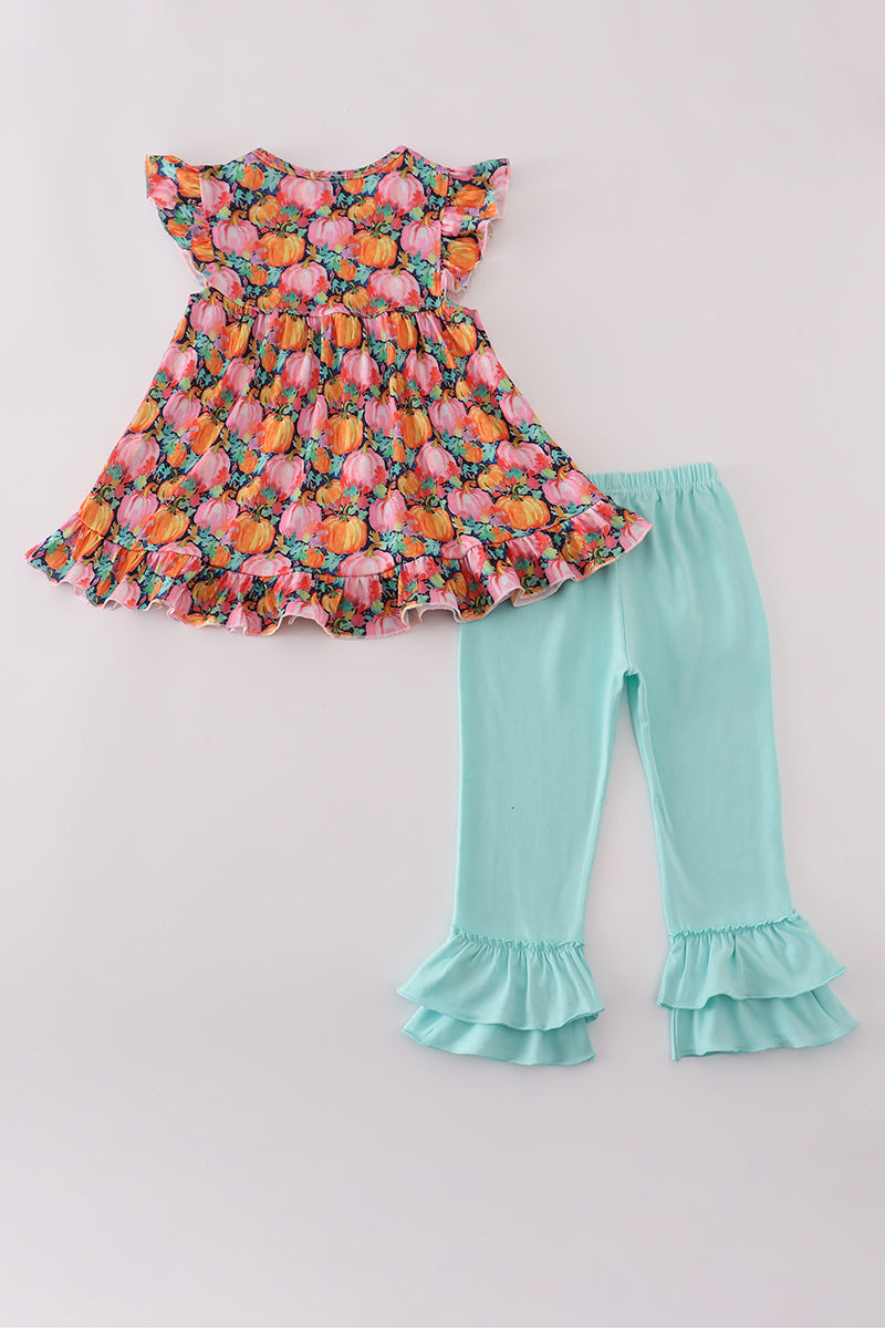Girls Pink Pumpkin Print Ruffle Pants Set