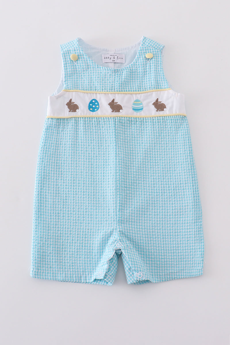 Boys Blue Bunny Egg Embroidery Gingham Romper