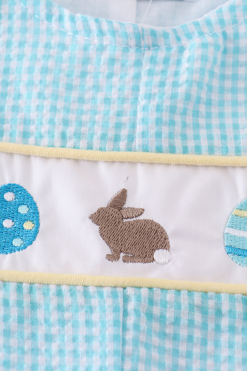 Boys Blue Bunny Egg Embroidery Gingham Romper