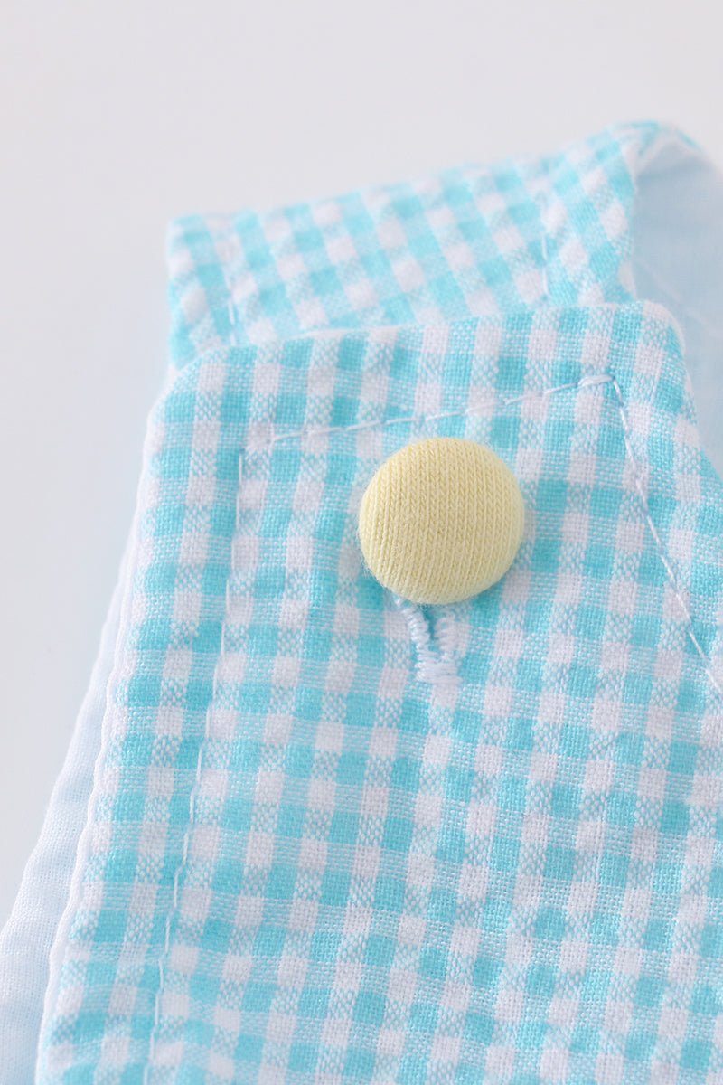 Boys Blue Bunny Egg Embroidery Gingham Romper