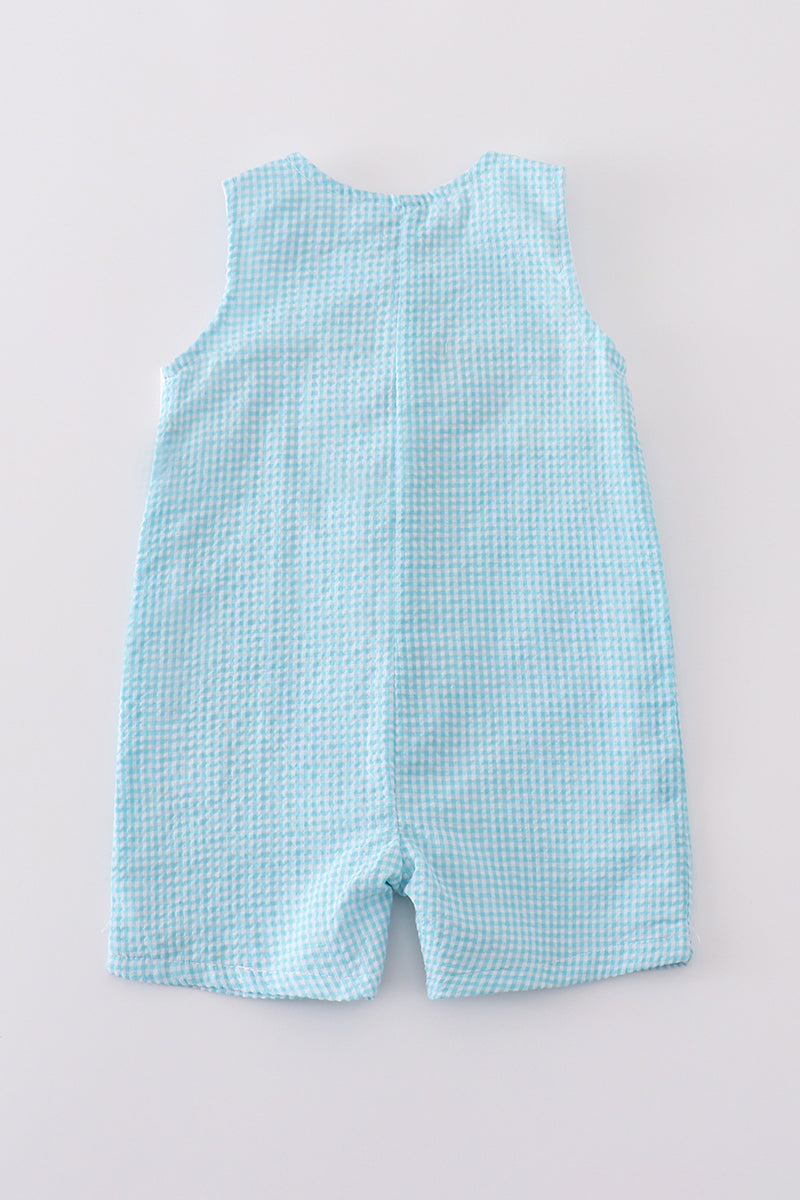 Boys Blue Bunny Egg Embroidery Gingham Romper