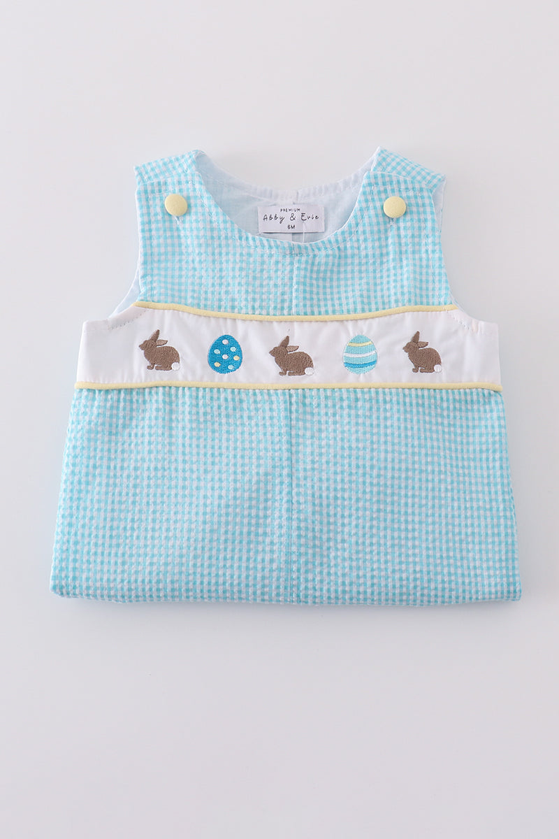 Boys Blue Bunny Egg Embroidery Gingham Romper