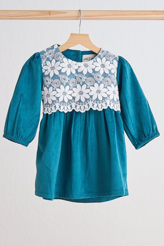 Girls Teal Velvet Lace Dress