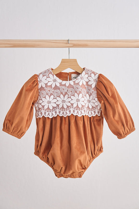 Girls Carmel Velvet Lace Bubble