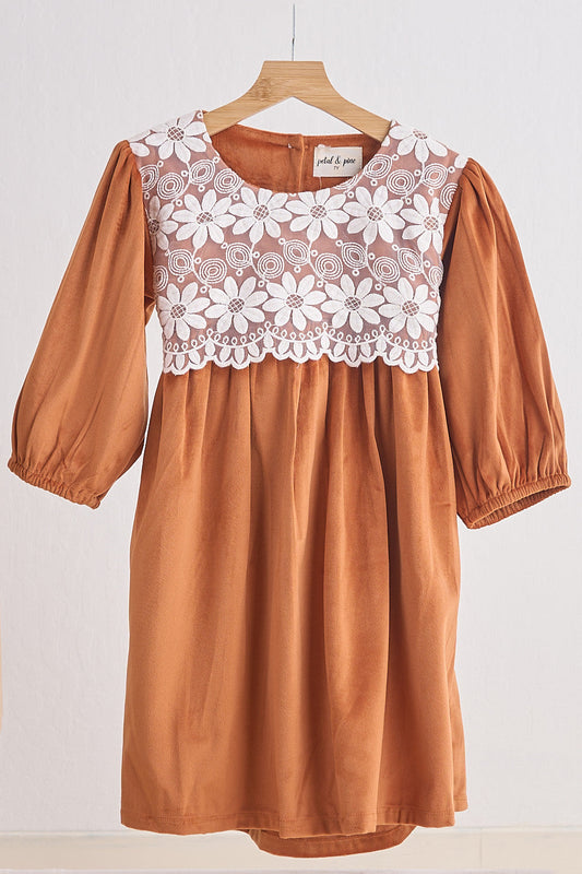 Girls Carmel Velvet Lace Dress
