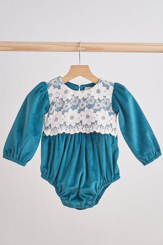 Girls Teal Velvet Lace Bubble