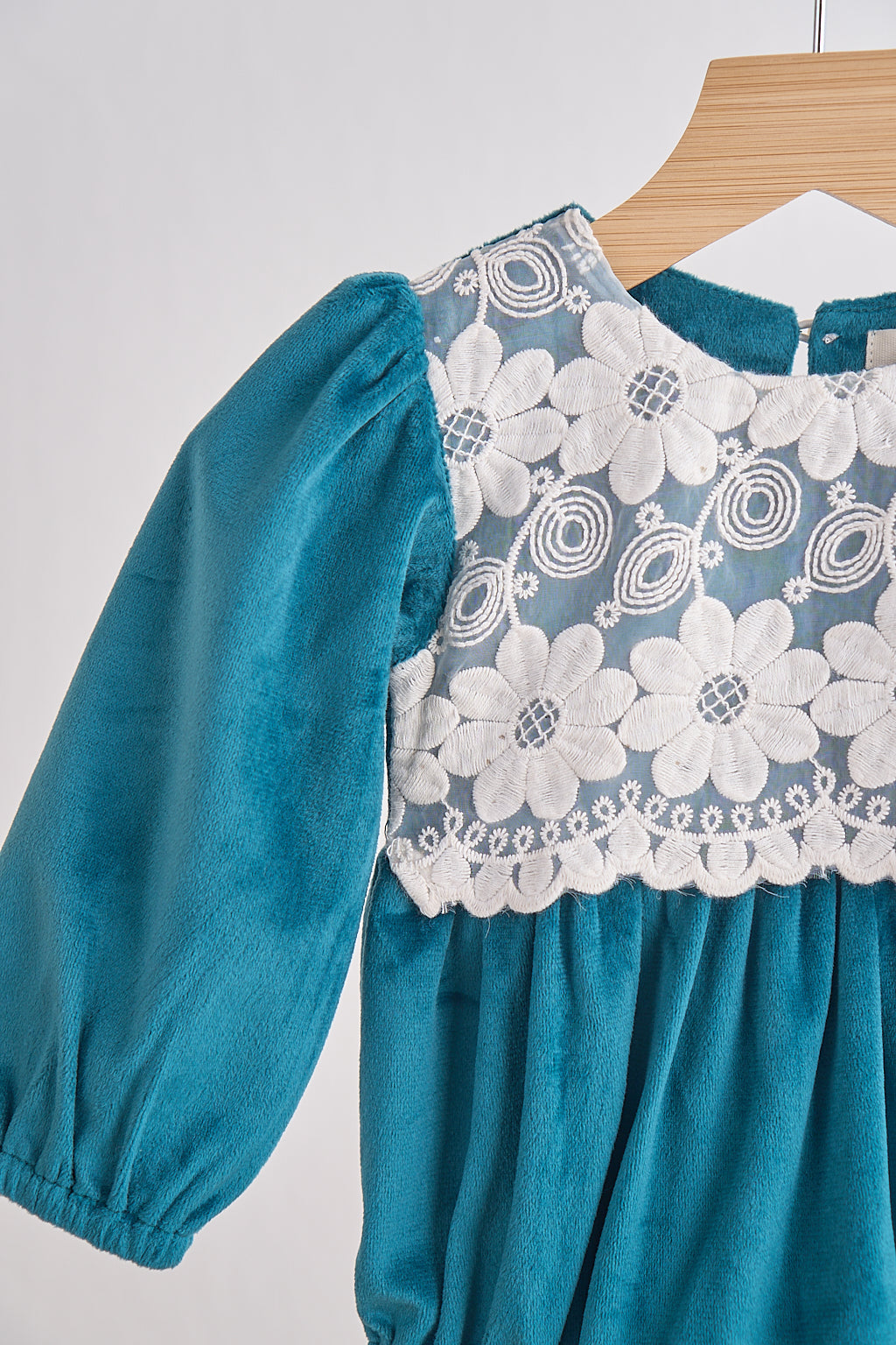 Girls Teal Velvet Lace Bubble