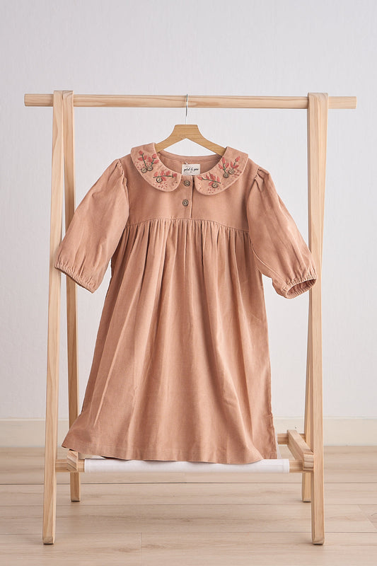 Girls Beige Floral Embroidery Velveteen Dress