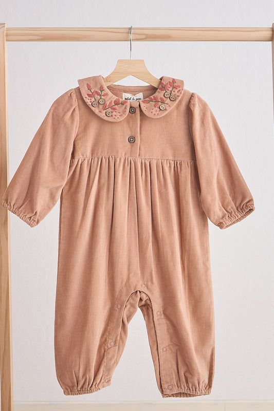 Girls Beige Floral Embroidery Velveteen Romper