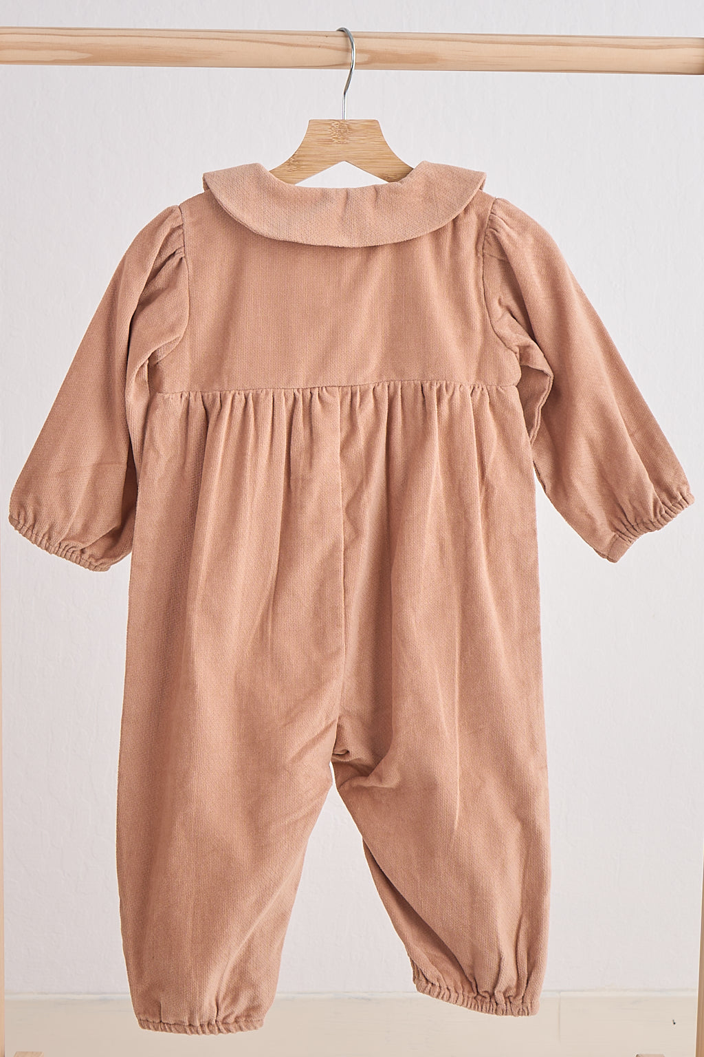 Girls Beige Floral Embroidery Velveteen Romper