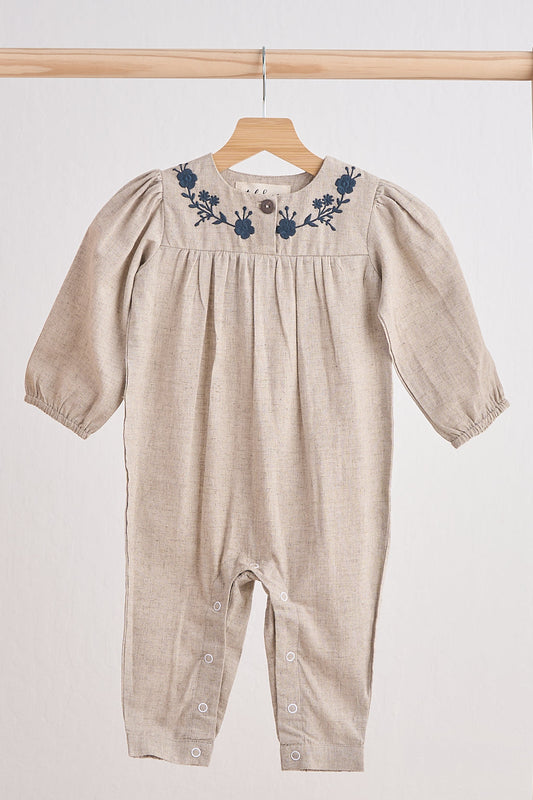 Girls Floral Embroidered Linen Romper