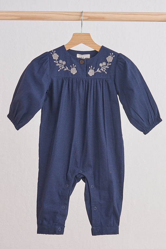 Girls Navy Floral Embroidery Linen Romper