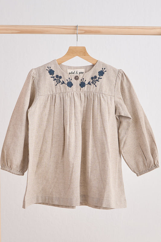 Girls Floral Embroidered Linen Dress