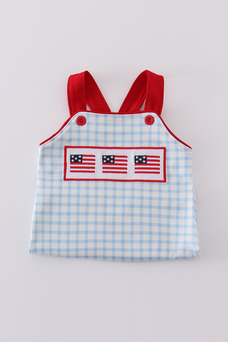 Boys American Flag Embroidered Gingham Romper