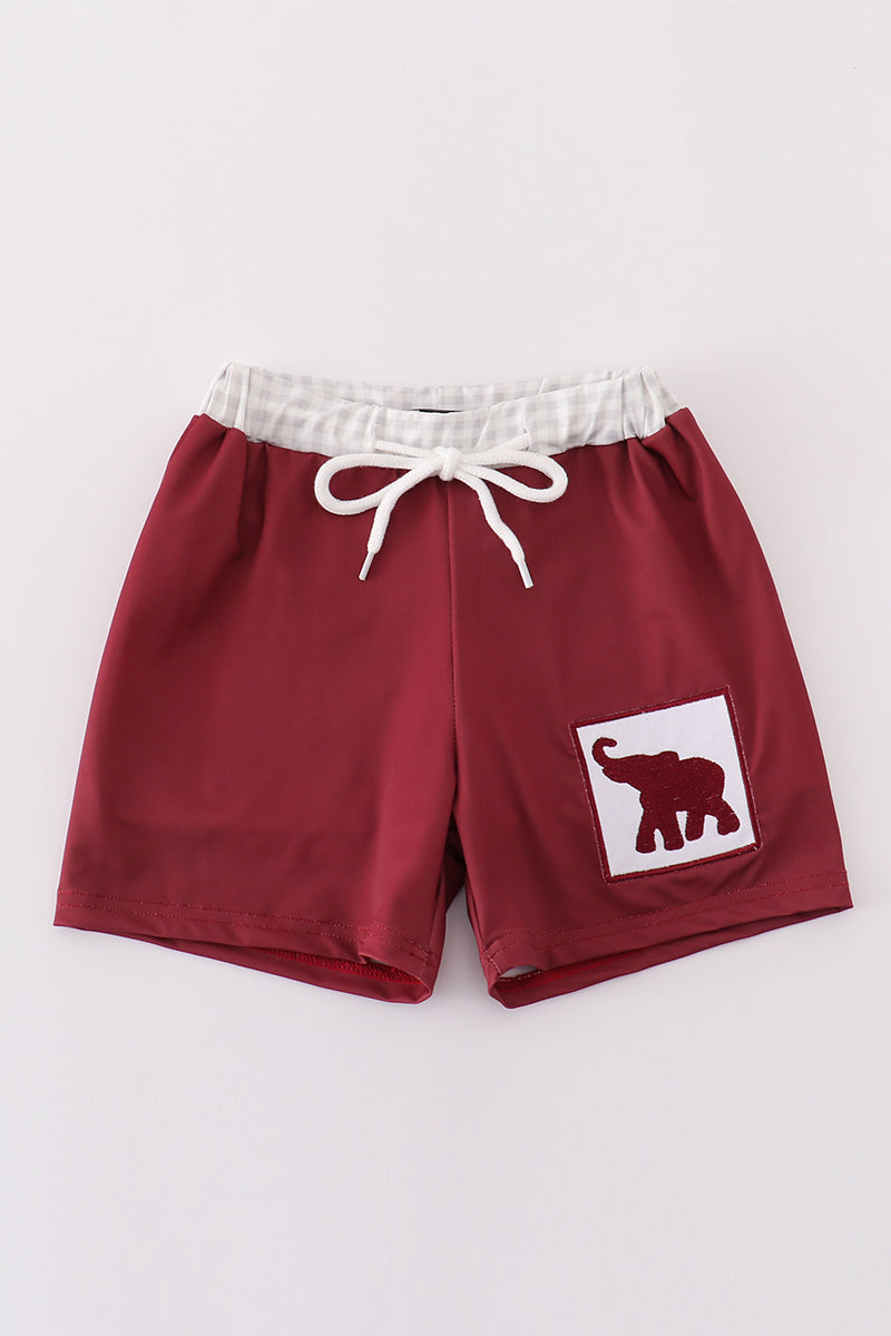 Boys Crimson Elephant Embroidered Swim Trunks