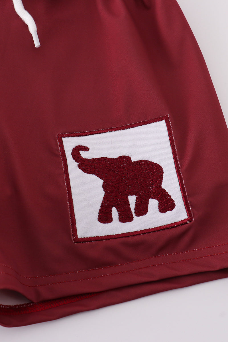 Boys Crimson Elephant Embroidered Swim Trunks