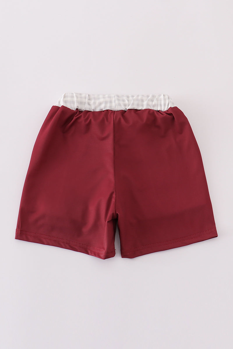 Boys Crimson Elephant Embroidered Swim Trunks