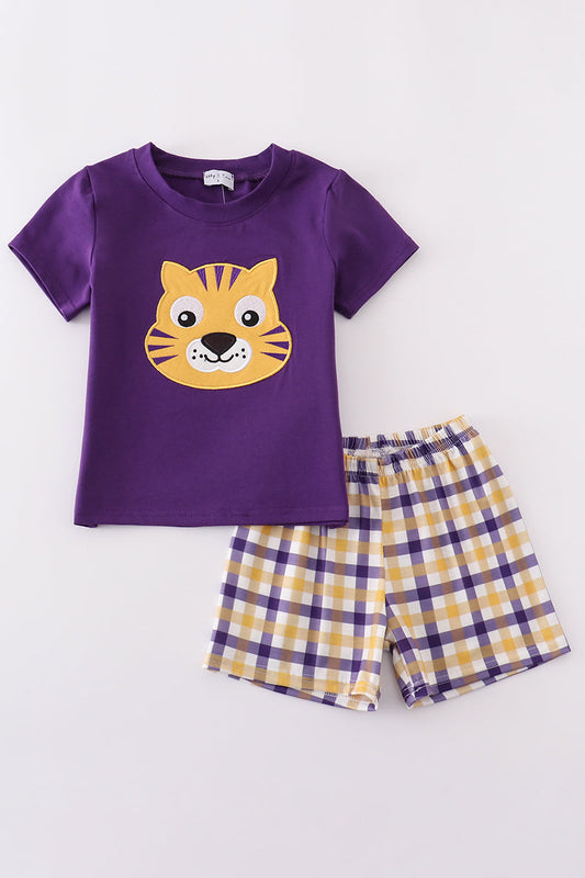 Boys Plaid LSU Tiger Appliqué Set