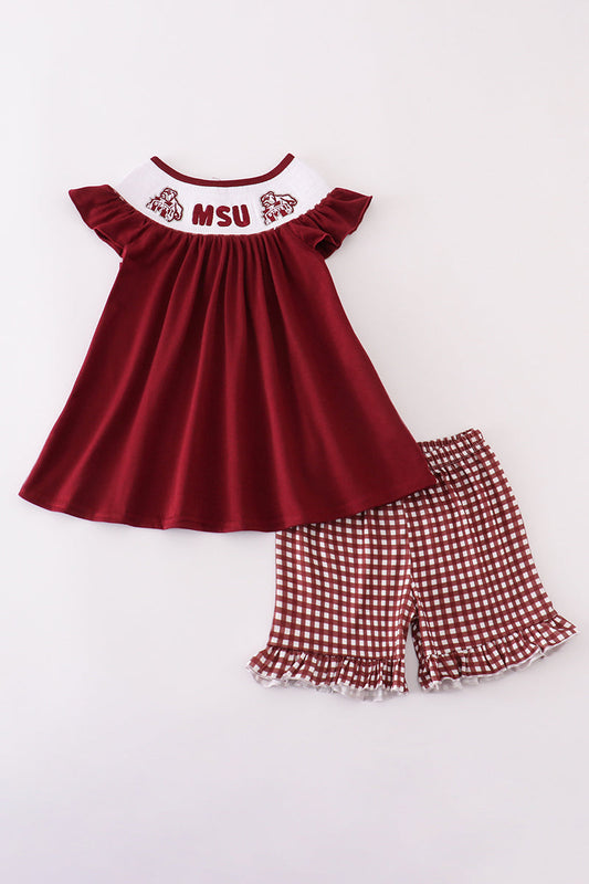 Girls Mississippi State Embroidered Smocked Gingham Ruffle Set